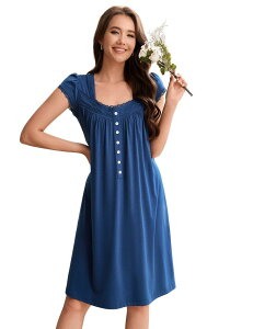 �t�@���W�����C ���f�B�[�X �A���_�[�E�F�A �i�C�g�E�F�A FUNJULY Women �f s Nightgown Sleepwear Short Sleevesquare Neck Soft Nightdress Dark Blue �u���[