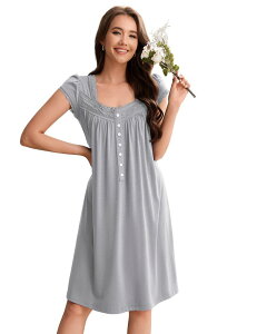 �t�@���W�����C ���f�B�[�X �A���_�[�E�F�A �i�C�g�E�F�A FUNJULY Women �f s Nightgown Sleepwear Short Sleevesquare Neck Soft Nightdress Gray �O���[