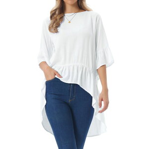 �C���X�p�C�A �V�b�N ���f�B�[�X �g�b�v�X �V���c �t������ �A�V�����g���[ �t���� �u���E�X INSPIRE CHIC Women's High Low Tops 3/4 Bell Sleeve Round Neckeyhole Back Casual Ruffle Hem Asymmetrical Blouse White �z���C�g