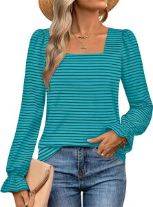 �G���[�g�`���C�X ���f�B�[�X �g�b�v�X T�V���c Elitechoice Women's Long Sleeve Square Neck Striped Casual Soft-Shirt Blue �u���[