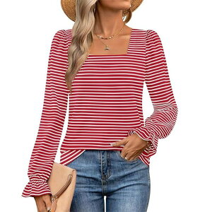 �G���[�g�`���C�X ���f�B�[�X �g�b�v�X T�V���c Elitechoice Women's Long Sleeve Square Neck Striped Casual Soft-Shirt Red ���b�h