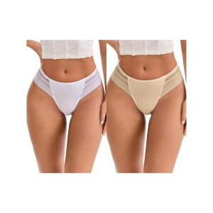 �C���X�p�C�A �V�b�N ���f�B�[�X �A���_�[�E�F�A �p���c ���[���C�Y �V���N ���[�X INSPIRE CHIC 2 Packs Women's Low Rise Ice Silk Lacelastic Thong Striped Breathable Seamless Underwear Apricot White �z���C�g