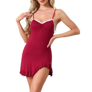 �C���X�p�C�A �V�b�N ���f�B�[�X �A���_�[�E�F�A �i�C�g�E�F�A�V�����g���[ �j�b�g INSPIRE CHIC Women's Nightgown Knit Sleepwear Nightwear Chemise Asymmetric Hem Babydoll Camisole Lingerie Nightie Red ���b�h