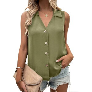 �N���A�t�����[ ���f�B�[�X �g�b�v�X T�V���c V�l�b�N �V�t�H�� �{�^���_�E�� �m�[�X���[�u �_�E�� �u���E�X ClearFlower Women's V Neck Lapeloose Fit Chiffon Shirt Sleeveless Button Down Tank Top Blouse Amy Green �O