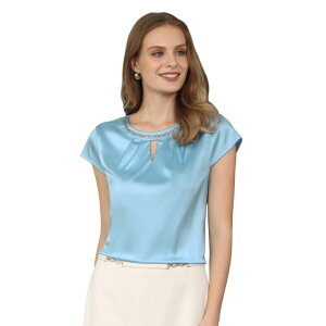 �y���������z �C���X�p�C�A �V�b�N ���f�B�[�X �V���c �g�b�v�X Women's Satin Keyhole Blouse Cap Sleeve Sparkly Chain Neck Rhinestone Tops Blue