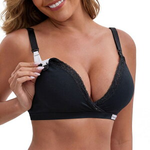 �C���X�p�C�A �V�b�N ���f�B�[�X �A���_�[�E�F�A �u���W���[ ���[�X�g���� ���[�X INSPIRE CHIC Women's Lace Trim Wireless Plunge Lift Up Nursing Bras Front-Cross Buckled Straps Breastfeeding Bra Black �u���b�N