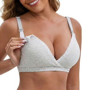 �C���X�p�C�A �V�b�N ���f�B�[�X �A���_�[�E�F�A �u���W���[ ���[�X�g���� ���[�X INSPIRE CHIC Women's Lace Trim Wireless Plunge Lift Up Nursing Bras Front-Cross Buckled Straps Breastfeeding Bra Gray �O���[