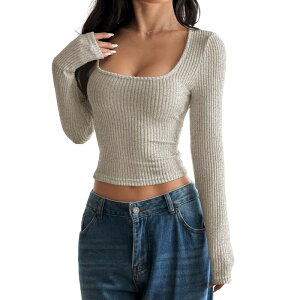 �Z�I���A ���f�B�[�X �g�b�v�X T�V���c Seoria Women'square Neck Slimming Long Sleeved Shirt with A Pit Stripe Base and Top Grey �O���[