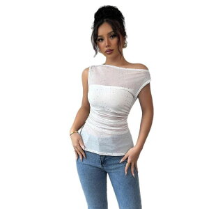 �y���������z �C�G�X�t�@�b�V���� ���f�B�[�X T�V���c �g�b�v�X Women's Mesh Sequin Sparkly Tank Top Asymmetrical Neck Ruched Split Casual Tops White