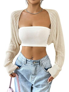 �t�@���W�����C ���f�B�[�X �A�E�^�[ �j�b�g�E�Z�[�^�[ �J�[�f�B�K�� �N���b�v�h FUNJULY Women'shrug Cardigan Long Sleeve Open Front Cropped Bolero Arm Tops Apricot �A�v���R�b�g