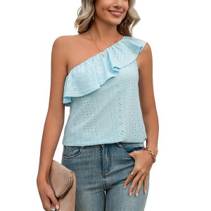 �G���[�g�X�s���b�g ���f�B�[�X �g�b�v�X �V���c �t���� �u���E�X EliteSpirit Women's Hollow Out One Shoulder Eyelet Summer Top Ruffle Trim Casual Blouse Soft Boho Work Shirt Sky Blue �u���[