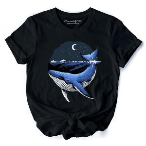 �I�[�i�����^���[ ���[ ���f�B�[�X �g�b�v�X T�V���c ���B���e�[�W OrnamentallyYou Moonlit Whale Vintage T-Shirt Night Ocean Retro Tee Black �u���b�N