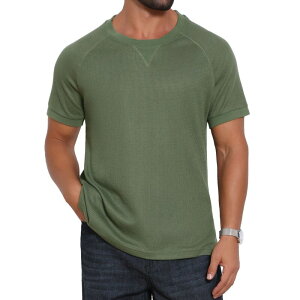 �y���������z �C���X�p�C�A �V�b�N ���f�B�[�X T�V���c �g�b�v�X Men's Waffle Fabric T-Shirts Classic Crew Neck Raglan Short Sleeves T-Shirt Olive Green
