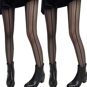 �A���i�J�V ���f�B�[�X �A���_�[�E�F�A �C�� �V�A�[ Anna-Kaci 2pcs Women'sheer Vertical Stripe Tights with Scalloped Pattern Detailing and Stretch Fit Black �u���b�N
