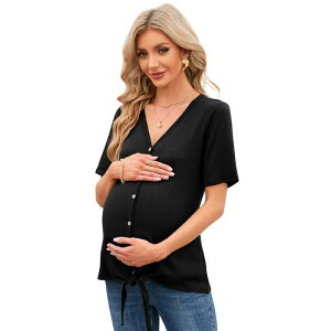 �Z�I���A ���f�B�[�X �g�b�v�X �V���c V�l�b�N �}�^�j�e�B Seoria Maternity V Neck Button Up Shirt Summer Short Sleeve Nursing Tops Black �u���b�N