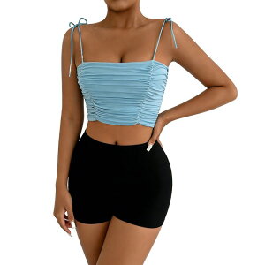 �G���[�g�X�s���b�g ���f�B�[�X �g�b�v�X T�V���c �M���U�[ EliteSpirit Women's Ruched Tie-Strap Crop Cami Slim-Fit Square Neck Summer Tank Top Blue �u���[