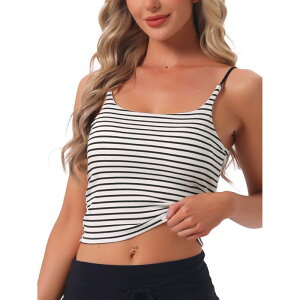 �C���X�p�C�A �V�b�N ���f�B�[�X �A���_�[�E�F�A �i�C�g�E�F�A INSPIRE CHIC Women's Nightwear Striped Rib Cami Built-in Bra Stretchy Squared Neck Spaghetti Strapajama Tops White With Blackstripe �z���C�g