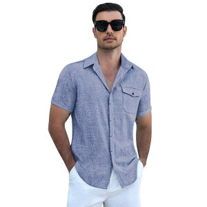 �N�[�t�@���f�B ���f�B�[�X �g�b�v�X T�V���c �R�b�g�� ���l�� COOFANDY Men's Coolinen Cotton Short Sleeve Shirt Button Casual Wear Beach Summer Wedding Daily Deep Blue �u���[