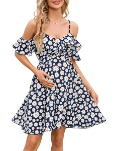 �N���A�t�����[ ���f�B�[�X �g�b�v�X �����s�[�X V�l�b�N �t���� �}�^�j�e�B ClearFlower Maternity Nursing Dress Womens V-Neck Spaghetti Strap Ruffle Sleeve Flowy Swing Dress Navy Blue �l�C�r�[