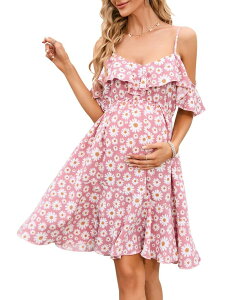 �N���A�t�����[ ���f�B�[�X �g�b�v�X �����s�[�X V�l�b�N �t���� �}�^�j�e�B ClearFlower Maternity Nursing Dress Womens V-Neck Spaghetti Strap Ruffle Sleeve Flowy Swing Dress Pink �s���N