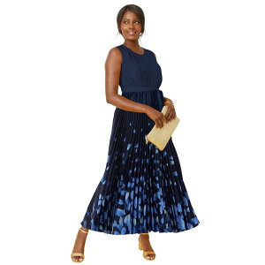 �W�F�V�J�����h�� ���f�B�[�X �g�b�v�X �����s�[�X �v���X�T�C�Y �v���[�c �}�L�V Jessica London Women's Plusize Pleated Maxi Dress Navy Petal Border �l�C�r�[