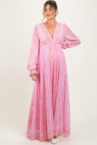 �s���N�u���b�V�� ���f�B�[�X �g�b�v�X �����s�[�X V�l�b�N �}�^�j�e�B �}�L�V PinkBlush Maternity Paisley Deep V-Neck Long Sleeve Maxi Dress Pink �s���N