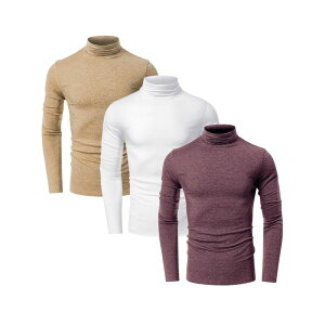 �C���X�p�C�A �V�b�N �����Y �g�b�v�X T�V���c �X�����t�B�b�g �^�[�g���l�b�N INSPIRE CHIC 3 Packs Men's Turtleneck Long Sleeve Slim Fit Soft Stretch Casual Thermal Tee Shirts Khaki Burgundy White �z���C�g