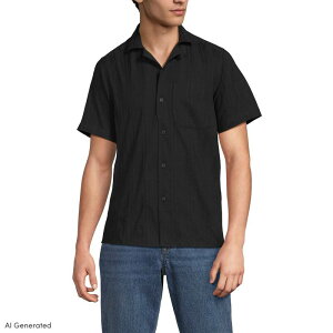 �����Y�G���h �����Y �g�b�v�X T�V���c Men's Lands' End Textu red Camp Collar Shirt Black �u���b�N