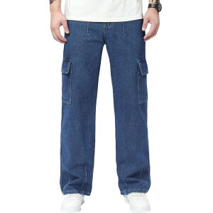 �G���[�g�X�s���b�g �����Y �{�g���X �f�j���p���c ���C�h���b�O �W�[���Y EliteSpirit Men's Classic Blue Wide Leg Cargo Jeans Mid Rise Multi Pocket Loose Fit Straight Denim Pants Blue �u���[