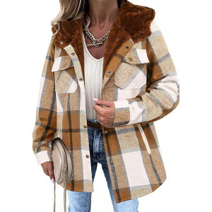 �W�[�O�[ ���f�B�[�X �A�E�^�[ �W���P�b�g�E�u���]�� �R�[�g �t���[�X Zeagoo Women's Plaid Sherpa Shacket Jacket Fleece Hooded Coats Trendy Oversized Outerwear Brown �u���E��