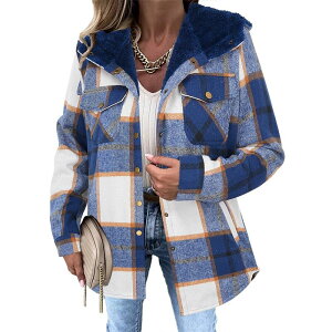 �W�[�O�[ ���f�B�[�X �A�E�^�[ �W���P�b�g�E�u���]�� �R�[�g �t���[�X Zeagoo Women's Plaid Sherpa Shacket Jacket Fleece Hooded Coats Trendy Oversized Outerwear Navy Blue Plaid �l�C�r�[