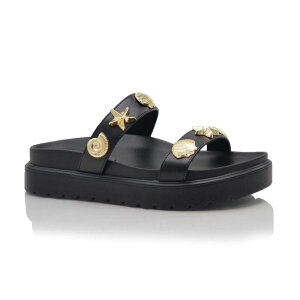 F.C �f�U�C�� ���f�B�[�X �V���[�Y �T���_�� �v���b�g�t�H�[�� F.C Design Double Strap Slide Sandal with Shell Embellishments and Platform Sole Black �u���b�N