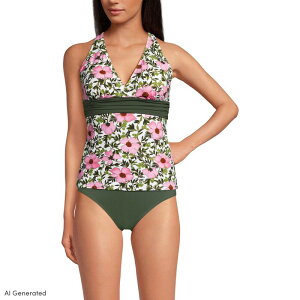 �����Y�G���h ���f�B�[�X ���� �g�b�v�̂� V�l�b�N Women's Lands' End-Cup V-Neck Plunge X Back Tankini Topink Floral Border Mix �s���N