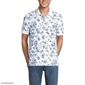 �����Y�G���h �����Y �g�b�v�X T�V���c �|���V���c �v�����g Men's Lands' End Short Sleeve Pique Printed Polo Sapphire White Shell �z���C�g