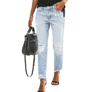 �R�W���C�� ���f�B�[�X �{�g���X �f�j���p���c �X�g���[�g �n�C�E�G�X�g �W�[���Y Kojooin Women's High Waist Distressed Straight Leg Jeans, Ripped Raw Hem Casual Denim Pants Light Blue �u���[