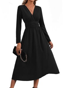 �t�@���W�����C ���f�B�[�X �g�b�v�X �����s�[�X V�l�b�N �~�f�B FUNJULY Women's V Neck Long Sleeve Midi Dress Casual Wear Black �u���b�N