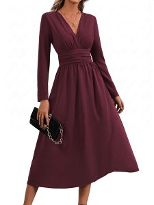 �t�@���W�����C ���f�B�[�X �g�b�v�X �����s�[�X V�l�b�N �~�f�B FUNJULY Women's V Neck Long Sleeve Midi Dress Casual Wear Dark Red ���b�h