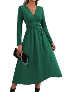 �t�@���W�����C ���f�B�[�X �g�b�v�X �����s�[�X V�l�b�N �~�f�B FUNJULY Women's V Neck Long Sleeve Midi Dress Casual Wear Green �O���[��
