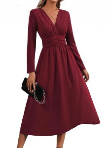 �t�@���W�����C ���f�B�[�X �g�b�v�X �����s�[�X V�l�b�N �~�f�B FUNJULY Women's V Neck Long Sleeve Midi Dress Casual Wear Wine Red ���b�h