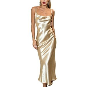 �N���A�t�����[ ���f�B�[�X �g�b�v�X �����s�[�X �I�[�v���o�b�N �~�f�B �T�e�� ClearFlower Women's Cowl Neck Satin Slip Midi Dresspaghetti Strap Tie Open Back Bodycon Evening Party Dress Beige �x�[�W��