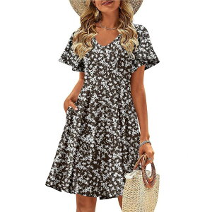 �W�[�O�[ ���f�B�[�X �g�b�v�X �����s�[�X V�l�b�N �t�����[�� �t���� �~�j �t�����[ Zeagoo Women's V Neck Mini Swing Dress Floral Ruffle Short Sleeve Beach Party Dress Brown Floral �u���E��