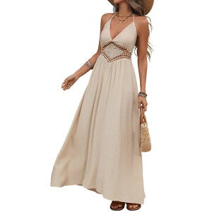 �N���A�t�����[ ���f�B�[�X �g�b�v�X �����s�[�X �I�[�v���o�b�N �}�L�V �z���^�[ ClearFlower Women's Crochet Halter Maxi Dress, Open Back Tie Waist Flowy Dress for Beach & Vacation Beige �x�[�W��