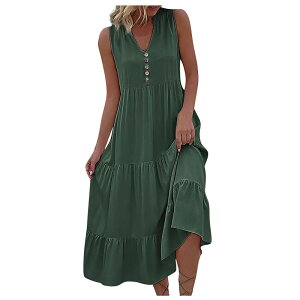 �R�W���C�� ���f�B�[�X �g�b�v�X �����s�[�X V�l�b�N �m�[�X���[�u Kojooin Womensummer Dress V Neck Sleeveless Button Front Loose Fit Casual Dress Green �O���[��