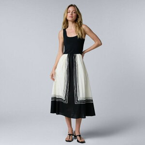 ���F���E�H�� ���f�B�[�X �g�b�v�X �����s�[�X �v�` �~�f�B Petite Simply Vera Wang Mixed Media Midi Dress Tan Black Border �u���b�N