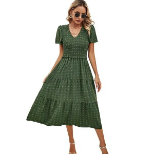 �Z�I���A ���f�B�[�X �g�b�v�X �����s�[�X �h�b�g�� V�l�b�N �h�b�g Seoria Women's Casual Olive Polka Dot V-neck Short Sleeved Long Dress Army Greeen �A�[�~�[