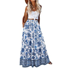 ジーグー レディース ボトムスカート ティアード A ライン マキシ Zeagoo Women's High Waisted Flowy A Line Tie red Maxi Skirts with Pockets Casual Skirts White Blue Floral ホワイト