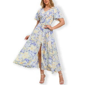 �N���A�t�����[ ���f�B�[�X �g�b�v�X �����s�[�X �e�B�A�[�h �t���� �V���[�����O ClearFlower Women Short Sleeve Dress with Ruffle Neck & Smocked Waist Flowy Casual Textu red Boho Tieredress Purple Yellow Flowers �C�G���[