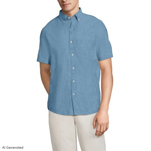 �����Y�G���h �����Y �g�b�v�X �V���c Men's Lands' End Short Sleeve Chambray Shirt Indigo Chambray �C���f�B�S