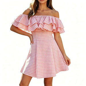 �G���[�g�X�s���b�g ���f�B�[�X �g�b�v�X �����s�[�X �t���� �~�j EliteSpirit Women's Checke red Off Shoulder Dress, Ruffle Neck Casual Mini Dress for Everyday Pink �s���N
