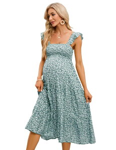 �N���A���u ���f�B�[�X �g�b�v�X �����s�[�X �t���� �~�f�B �V���[�����O �}�^�j�e�B Clearlove Maternity Square Neck Smocked Sundress Ruffle Strap Flare Midi Green Flower �O���[��